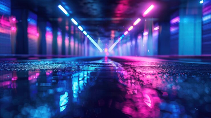 Imagen abstracta de un pasillo con luces de neón y reflejos