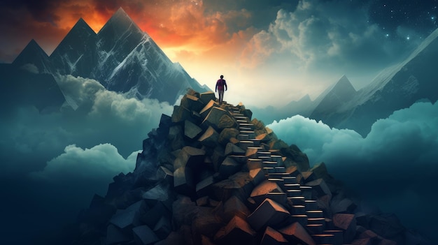 Imagen abstracta de una persona escalando una montaña que simboliza el triunfo sobre los desafíos mentales