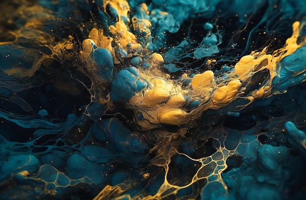 Una imagen abstracta de pintura azul y dorada.