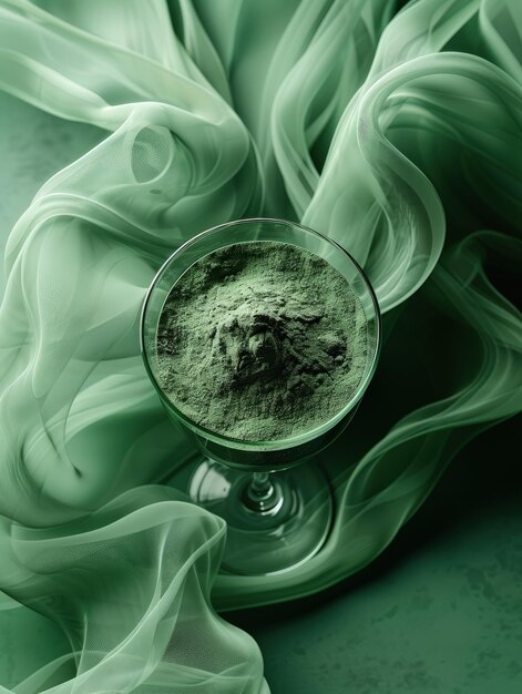 Imagen abstracta de polvo de espirulina girando en un vaso de agua de estilo minimalista