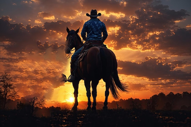 Imagen abstracta de vaquero montando a caballo contra el colorido cielo del atardecer Silueta de jinete en vaquero