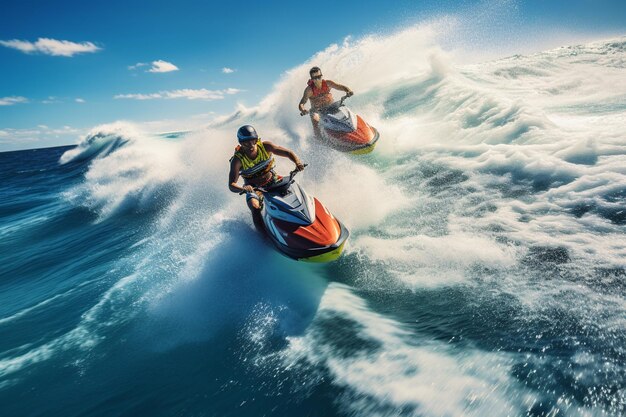 Imagen de acción de alta resolución de surf, paddleboard y la emoción del jet ski