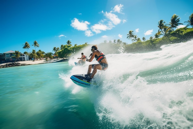 Imagen de acción de alta resolución de surf, paddleboard y la emoción del jet ski