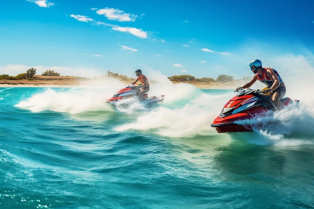 Imagen de acción de alta resolución de surf, paddleboard y la emoción del jet ski