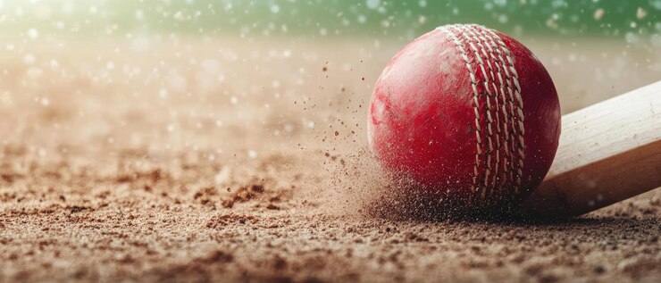 Imagen de acción de un bate de cricket golpeando la pelota en el campo