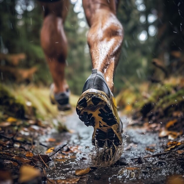 Imagen de acción en primer plano de los pies de los corredores salpicando a través del barro en el sendero del bosque