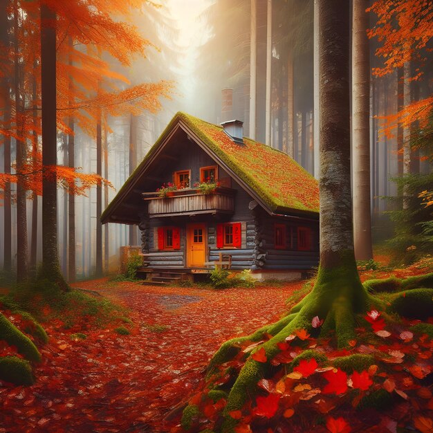 Imagen de una acogedora cabaña en el bosque rodeada de hojas de otoño y luz solar