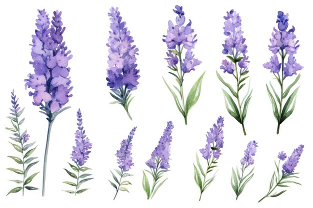 Imagen acuarela de un conjunto de flores de lavanda sobre un fondo blanco.