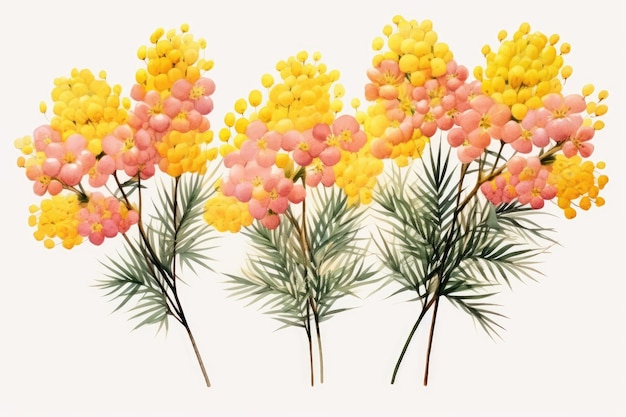 Imagen acuarela de un conjunto de flores de mimosa sobre un fondo blanco.