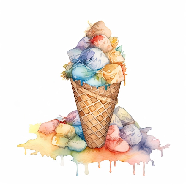 Imagen de acuarela de pila de helado de varios colores Cono de oblea completo