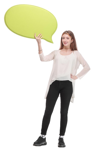 Imagen de una adolescente feliz con una burbuja de texto en blanco