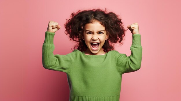 Imagen de una adorable chica feliz con suéter verde levantando emocionadamente su puño sobre un fondo rosado IA generativa