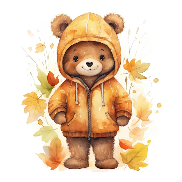 Imagen de un adorable oso de peluche pintado en acuarela con hojas de árbol y colores de otoño por IA generativa