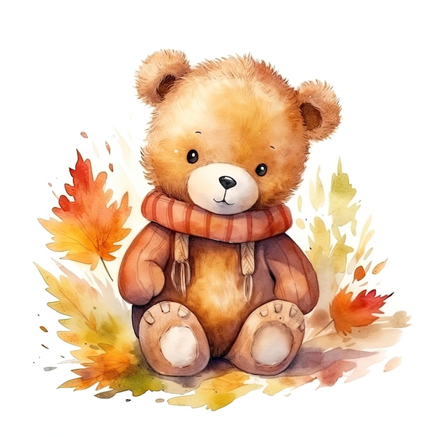 Foto imagen de un adorable oso de peluche pintado en acuarela con hojas de árbol y colores de otoño por ia generativa