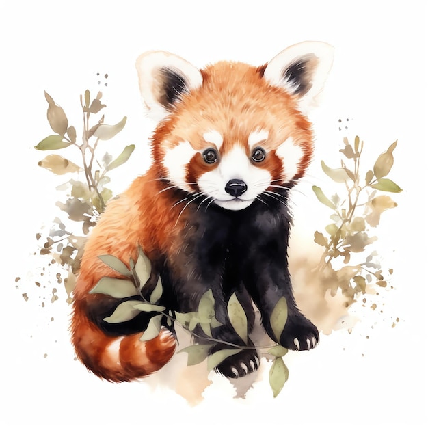 Imagen de adorable panda rojo escondido en plantas Ilustración de acuarela con calma y hazaña distintiva