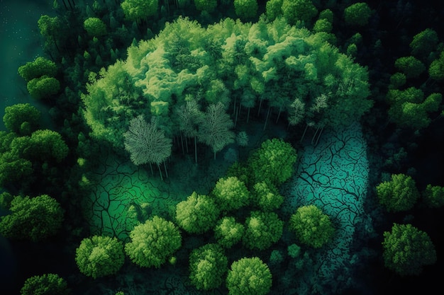 Imagen aérea de un bosque verde y la noción de tecnología ecológica de análisis de datos