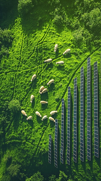 Una imagen aérea de ovejas masticando en un campo de hierba verde con paneles solares diferentes fuentes de energía