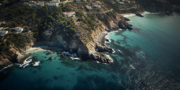 Una imagen aérea de la playa y la costa vista hacia abajo de la playa roca y el mar con olas de agua verano