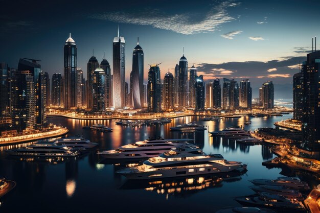 Imagen aérea de los rascacielos de Dubai Marina antes del amanecer con largas sombras proyectadas a través de un canal a