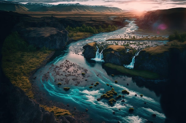 Imagen aérea del río Skjalfandafljot en Islandia por la mañana Hermoso verano