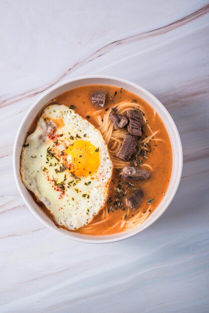 Foto imagen aérea de una sopa de criolla, comida tradicional peruana