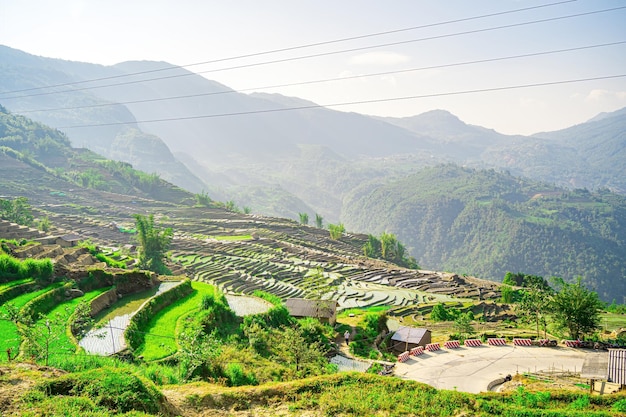 Imagen aérea de terrazas de arroz en la provincia de Ngai Thau Y Ty Lao Cai Vietnam Panorama paisajístico de campos de arroz en terrazas de Vietnam de Ngai Thau Espectaculares campos de arroz Tiro panorámico cosido