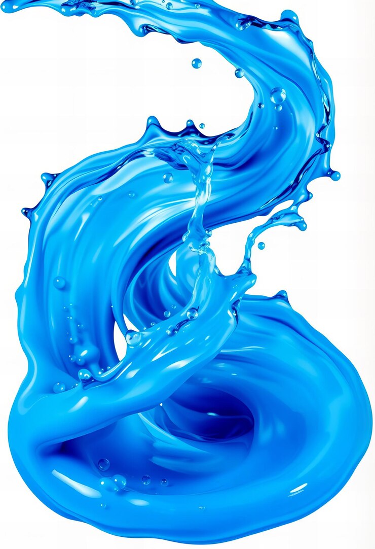 Imagen de agua fluyendo y salpicando de color azul fondo blanco objeto aislado de alta definición