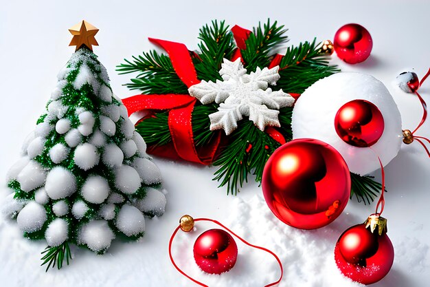 Imagen AI de la composición navideña de ramas de árboles de Navidad, nieve invernal y adornos decorativos
