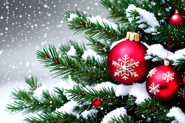 Imagen AI de la composición navideña de ramas de árboles de Navidad, nieve invernal y adornos decorativos