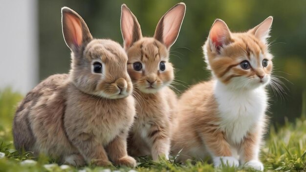 Imagen aislada de un conejo y un gatito sentados frente a un fondo blanco