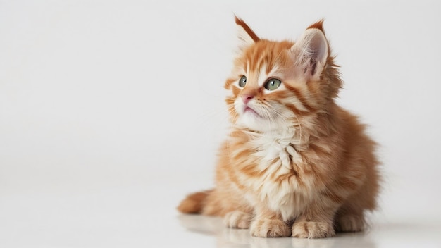 Imagen aislada de un gatito de jengibre sentado frente a un blanco mirando hacia la derecha