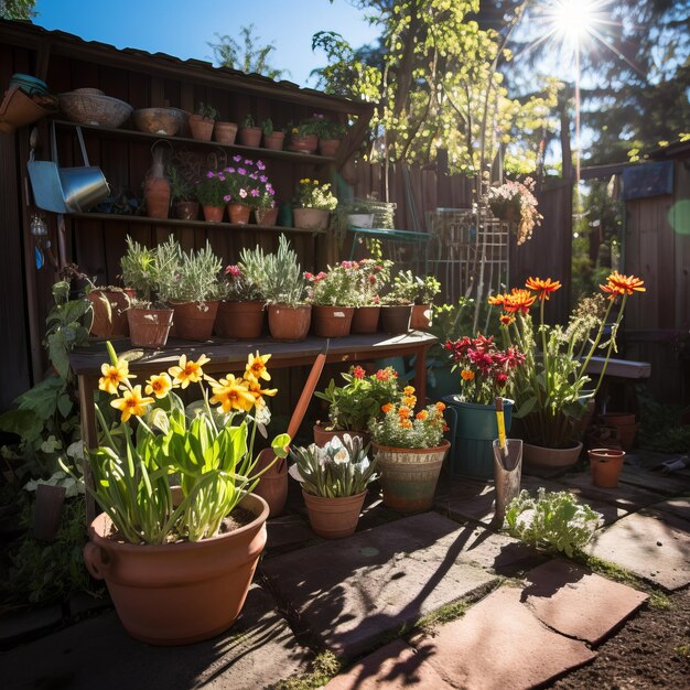 Una imagen al aire libre de un jardín de patio trasero con una variedad de flores y plantas en ollas y en estantes con herramientas y suministros de jardinería