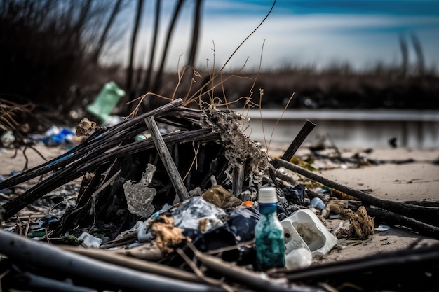 Imagen alarmante de una playa contaminada con IA generativa de residuos plásticos