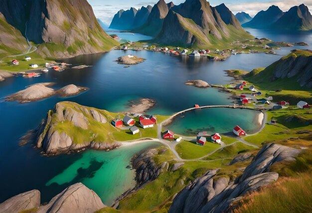 Foto una imagen de una aldea con casas en el agua y montañas en el fondo