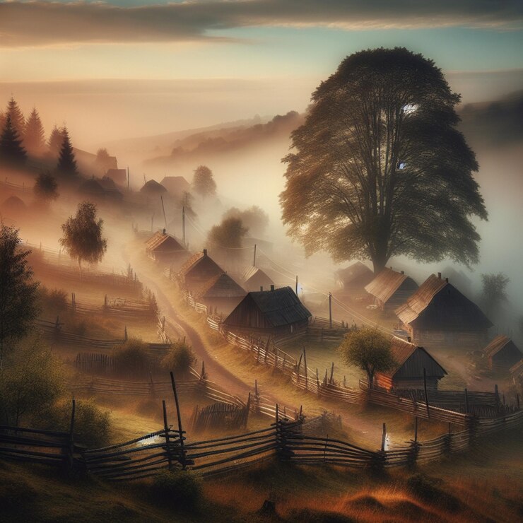 una imagen de una aldea con casas y árboles en el fondo