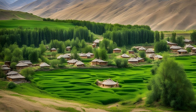 Foto una imagen de una aldea con casas en el medio de un campo de arroz