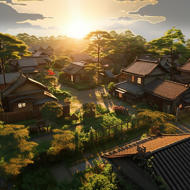 una imagen de una aldea japonesa con una puesta de sol en el fondo