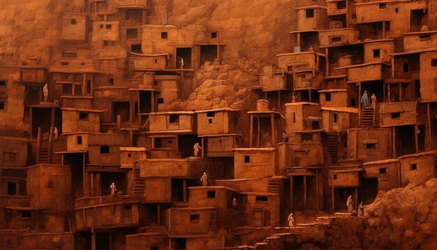 Foto una imagen de una aldea con una serie de edificios en el fondo