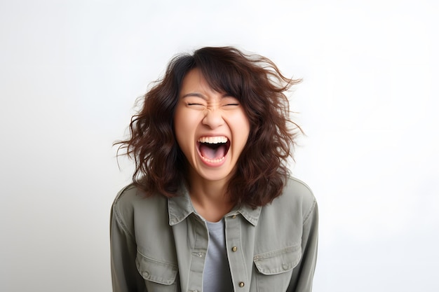 Una imagen alegre de una mujer riendo y esparciendo felicidad.