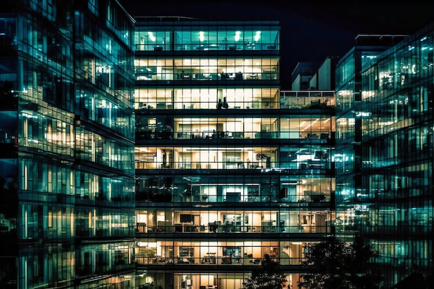 Una imagen de algunos edificios de oficinas de cristal en la noche