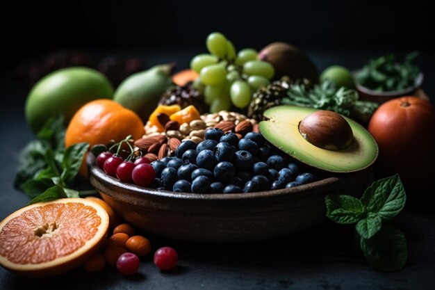 Imagen de alimentos orgánicos saludables Frutas, incluido el aguacate, bellamente dispuestas en un plato o en un tazón Ai generativo