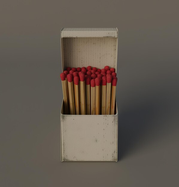 Una imagen de alta calidad de cerillas en una caja abierta que muestra claramente las cabezas rojas y los tallos de madera contra un fondo neutral