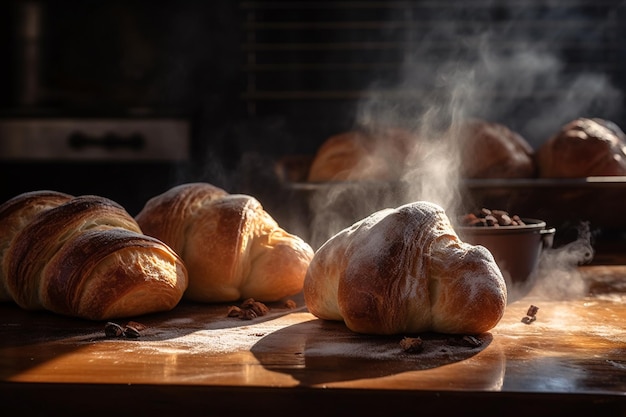 Imagen de alta calidad de pan y pasteles recién horneados con vapor saliendo de ellos Ai generativo