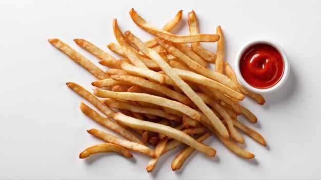 Imagen de alta calidad de patatas fritas crujientes con un ketchup rojo en un fondo limpio