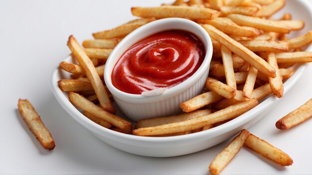 Imagen de alta calidad de patatas fritas crujientes con un ketchup rojo en un fondo limpio