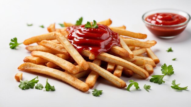 Imagen de alta calidad de patatas fritas crujientes con un ketchup rojo en un fondo limpio