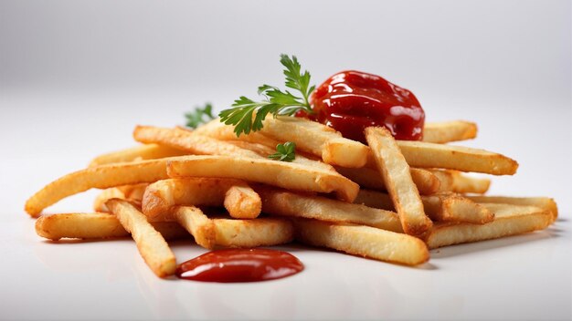 Imagen de alta calidad de patatas fritas crujientes con un ketchup rojo en un fondo limpio