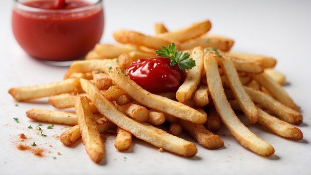 Imagen de alta calidad de patatas fritas crujientes con un ketchup rojo en un fondo limpio