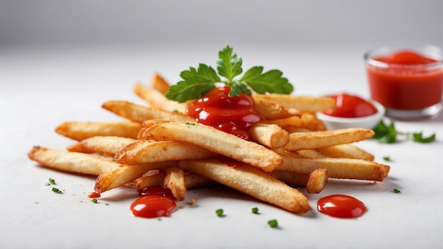 Imagen de alta calidad de patatas fritas crujientes con un ketchup rojo en un fondo limpio