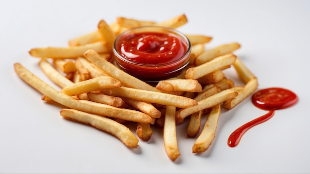 Imagen de alta calidad de patatas fritas crujientes con un ketchup rojo en un fondo limpio